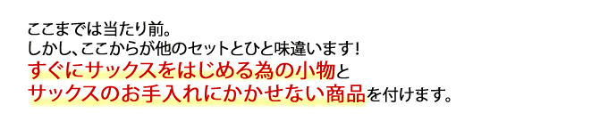 ここまでは当たり前。しかし、ここからが他のセットとひと味違います!すぐにサックスをはじめる為の小物とサックスのお手入れにかかせない商品を付けます。